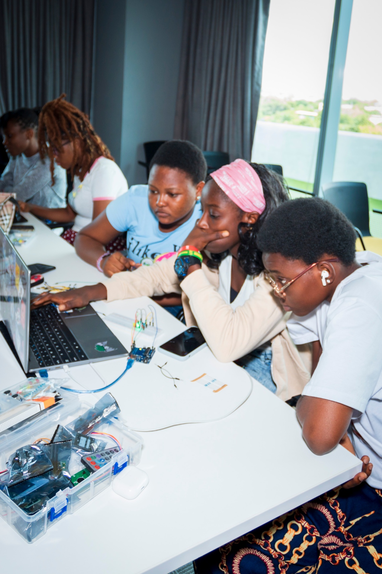 Girls in STEM, coding together